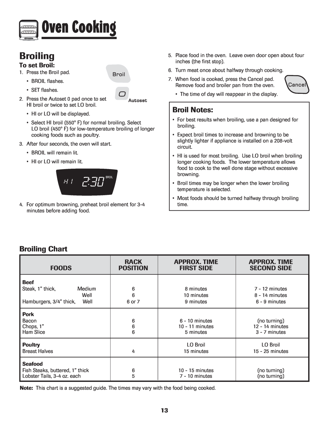 Amana AER5845RAW warranty Broil Notes, Broiling Chart, To set Broil, Rack, Approx. Time, Foods, Position, Oven Cooking 