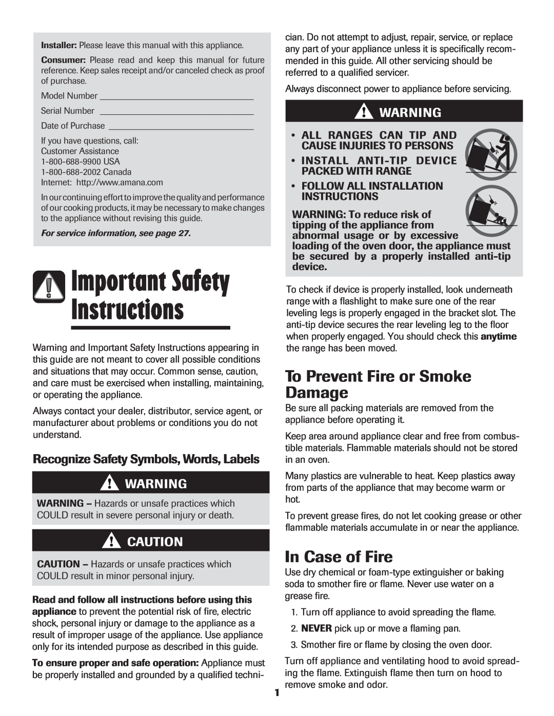 Amana AER5845RAW warranty Instructions, Important Safety, To Prevent Fire or Smoke Damage, In Case of Fire 