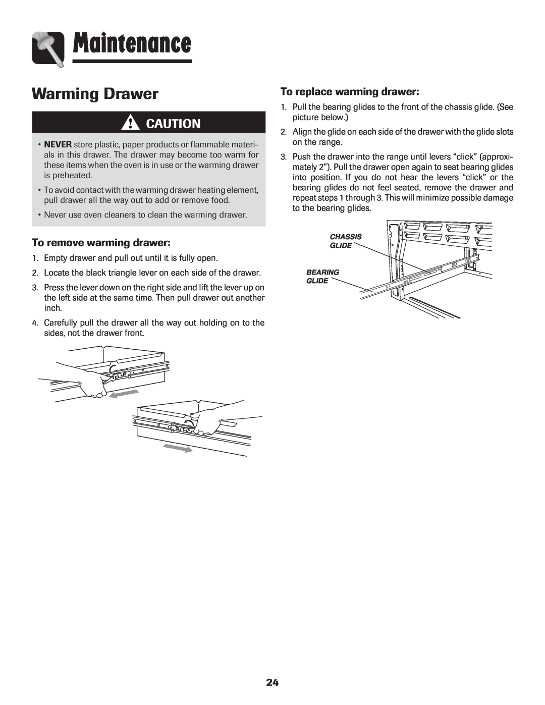 Amana AER5845RAW warranty To remove warming drawer, To replace warming drawer, Maintenance, Warming Drawer 