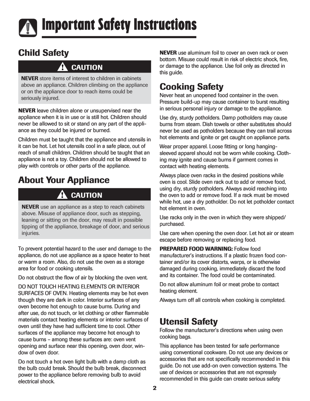 Amana AER5845RAW warranty Important Safety Instructions, Child Safety, About Your Appliance, Cooking Safety, Utensil Safety 