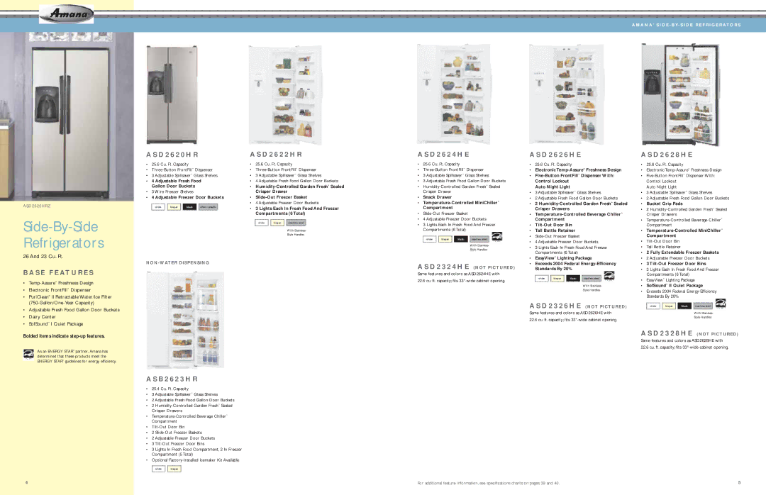 Amana AES5730BA, AFD2535DES manual Side-By-Side Refrigerators, S E F E At U R E S 