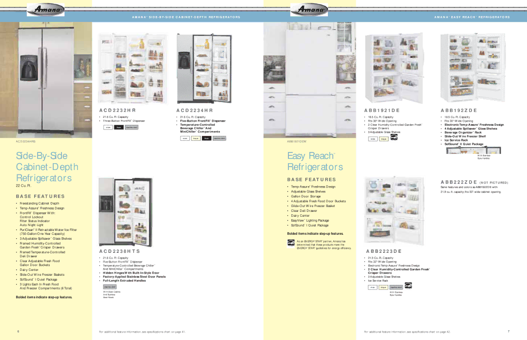 Amana AFD2535DES, AES5730BA manual Side-By-Side Cabinet-Depth Refrigerators, Easy Reach, D 2 2 3 8 H T S B 2 2 2 3 D E 