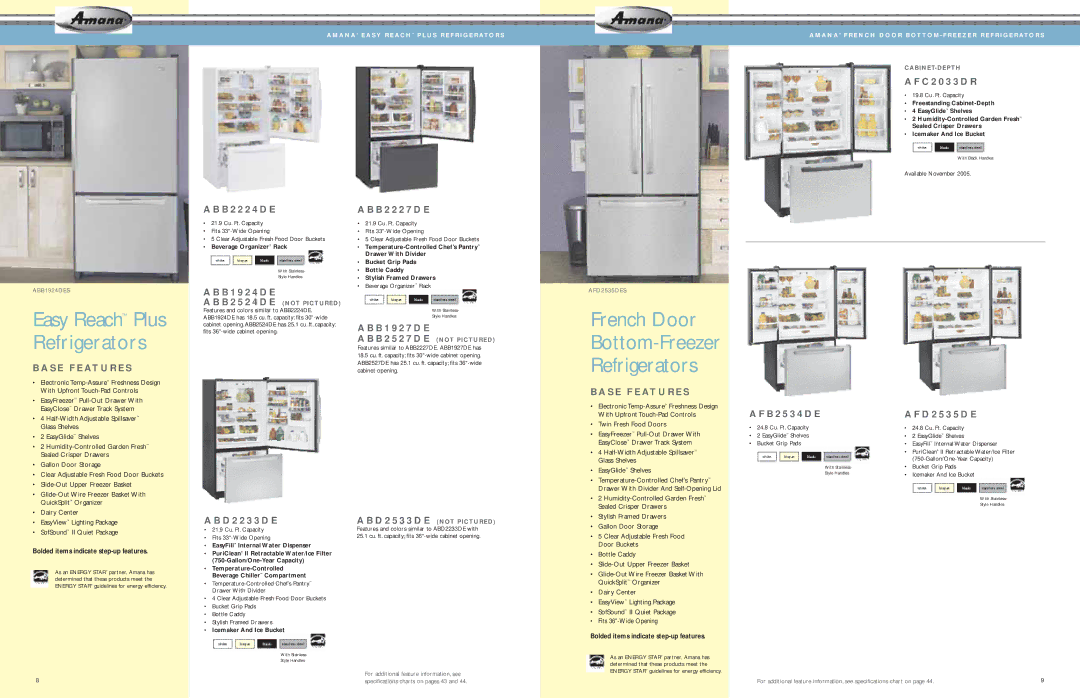 Amana AES5730BA, AFD2535DES manual French Door Bottom-Freezer Refrigerators 