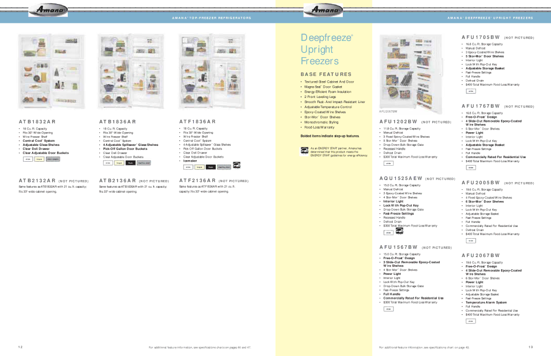 Amana AES5730BA, AFD2535DES manual Deepfreeze Upright Freezers, AT B 2 1 3 2 a R not Pictured AT B 2 1 3 6 a R not Pictured 