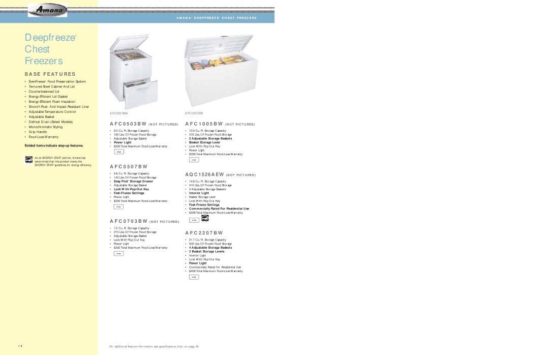 Amana AFD2535DES manual Deepfreeze Chest Freezers, C 0 5 0 3 B W not Pictured C 1 0 0 5 B W not Pictured, C 0 5 0 7 B W 