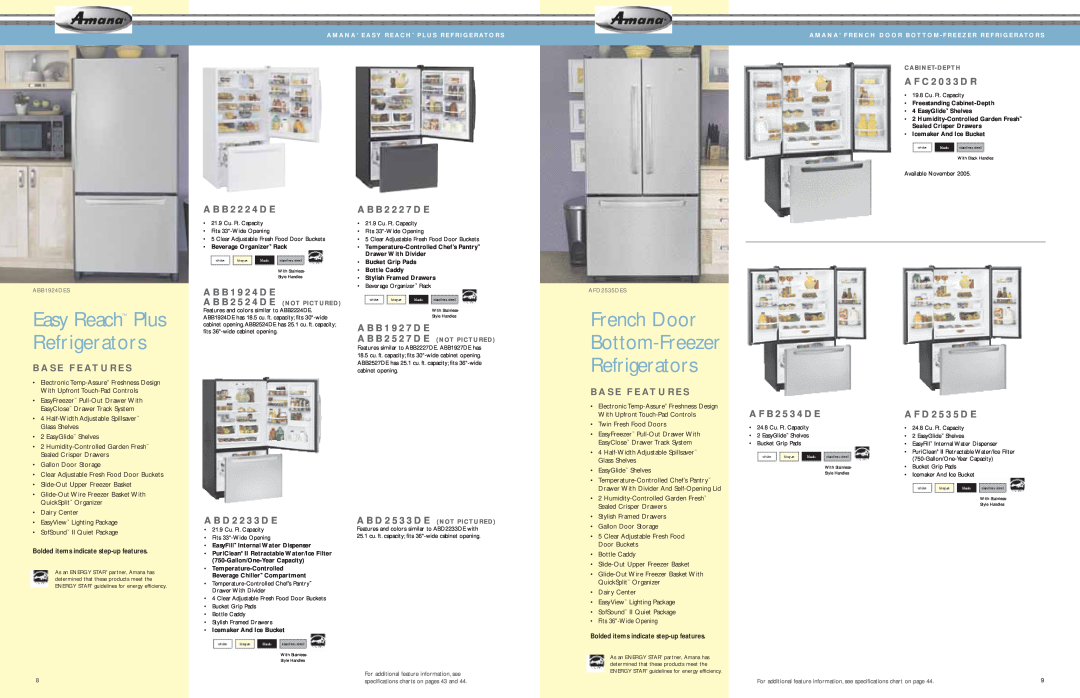 Amana AES5730BA, AFD2535DES manual French Door Bottom-Freezer Refrigerators, Easy Reach Plus Refrigerators 