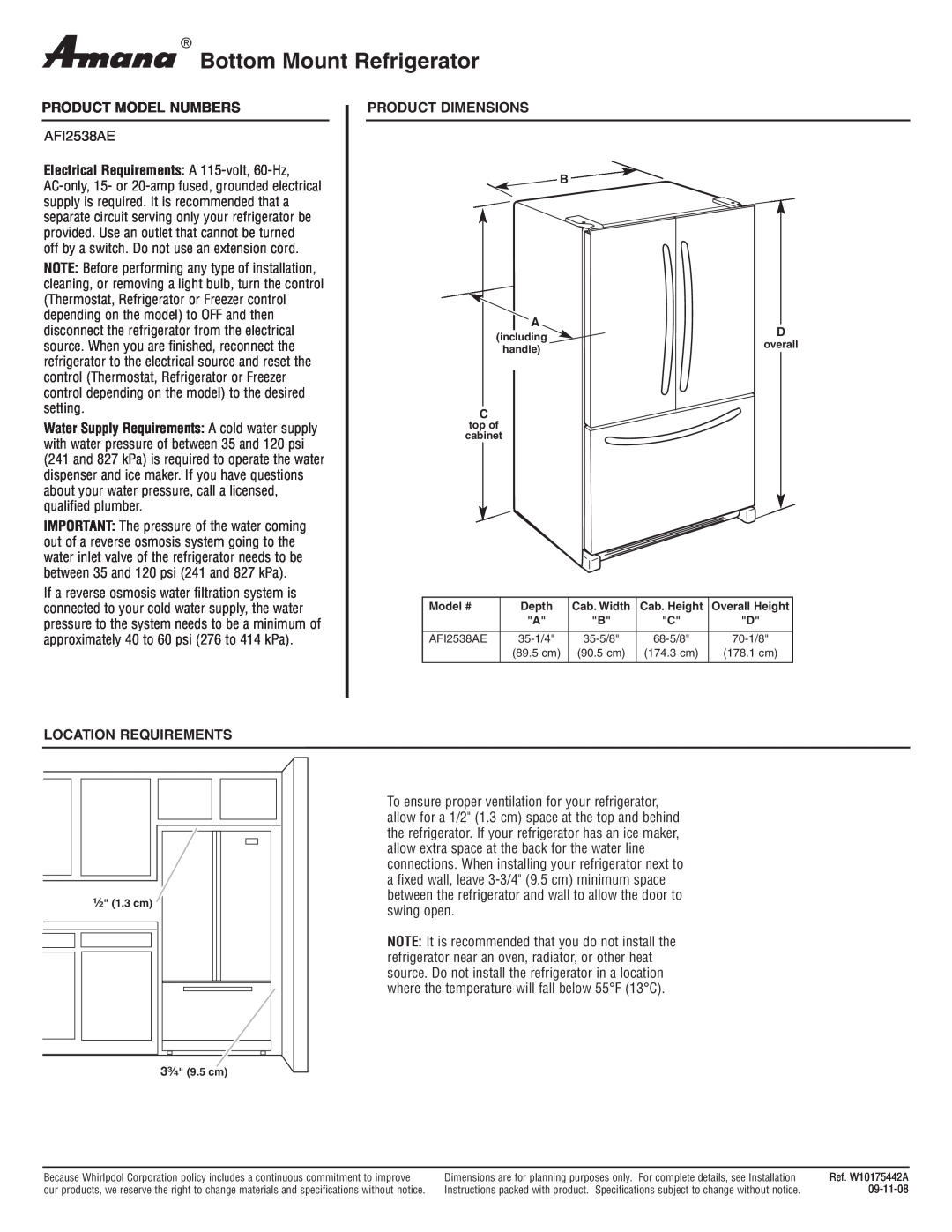 Amana AFI2538AE dimensions Bottom Mount Refrigerator, Product Model Numbers, off by a switch. Do not use an extension cord 
