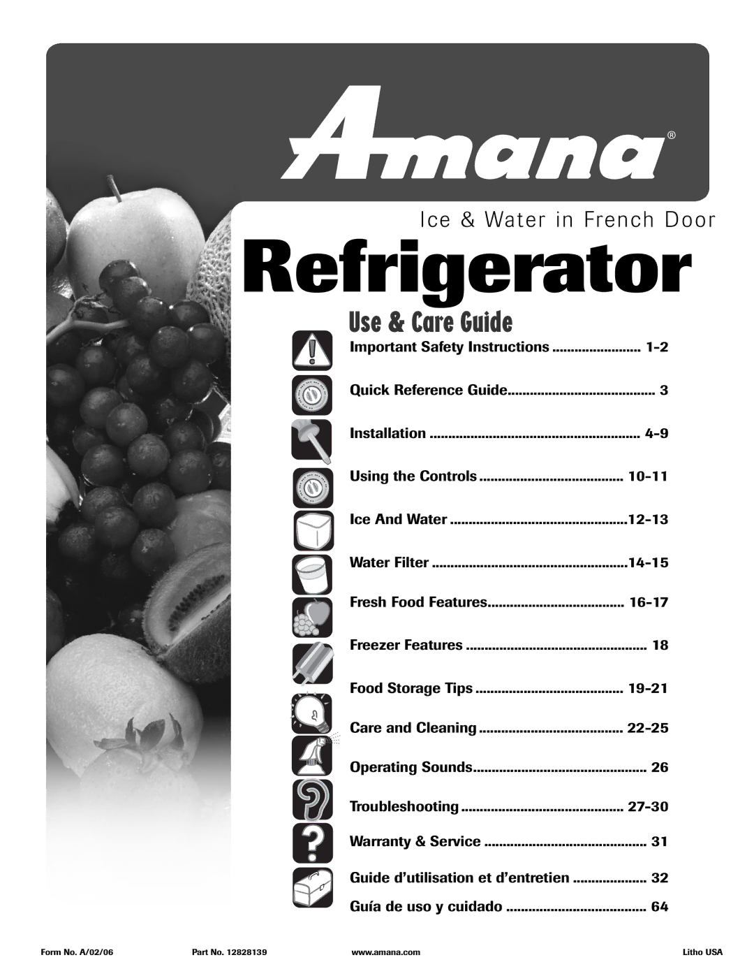 Amana AFI2538AEW important safety instructions Refrigerator, E & Wa t e r i n F r e n c h D o o r 