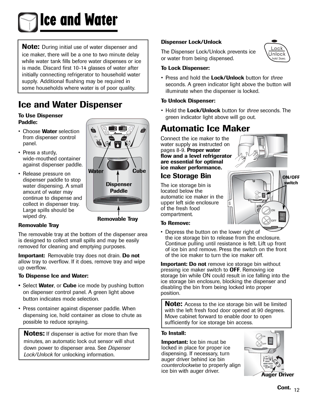 Amana AFI2538AEW important safety instructions Ice and Water Dispenser, Automatic Ice Maker, Ice Storage BinON/OFF 