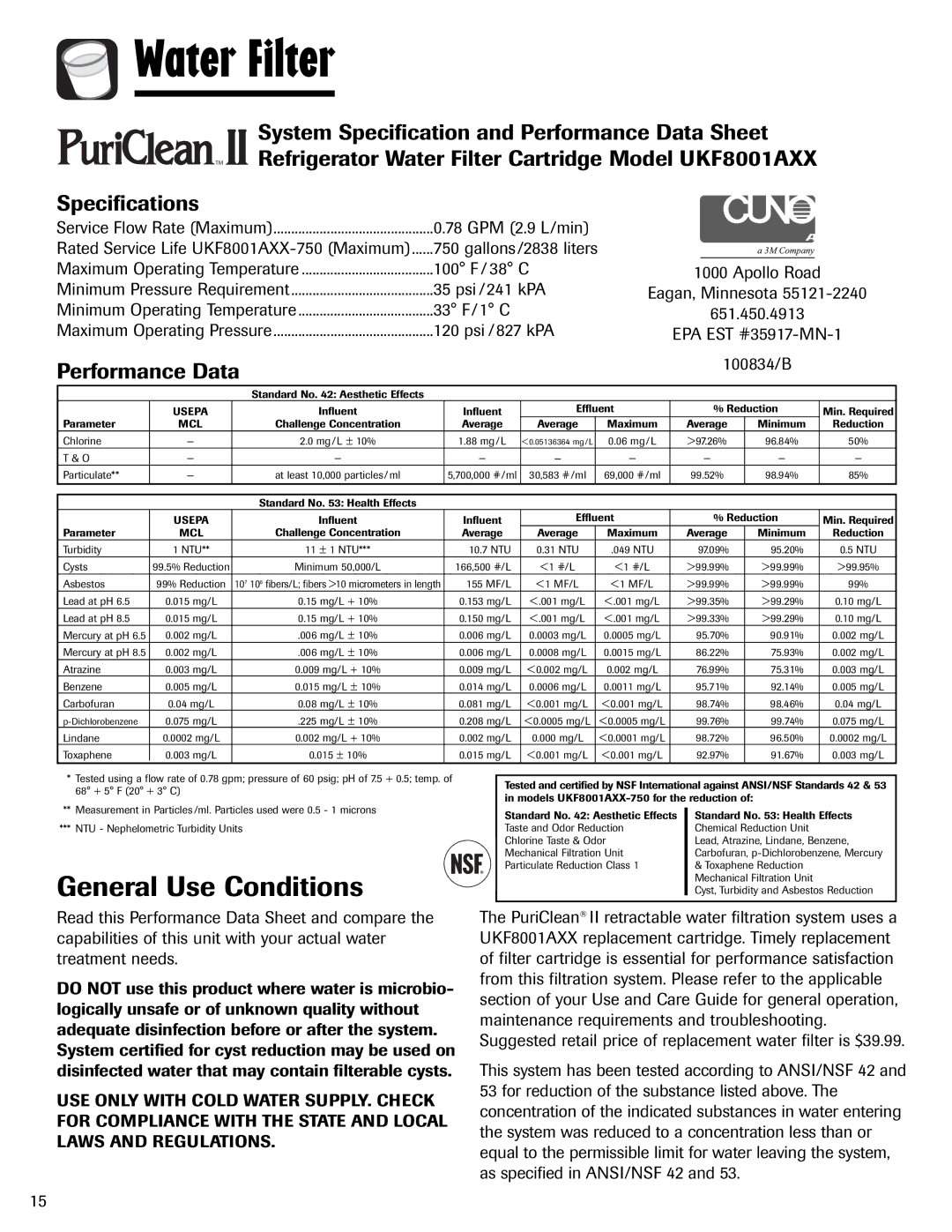 Amana AFI2538AEW important safety instructions General Use Conditions, Performance Data 