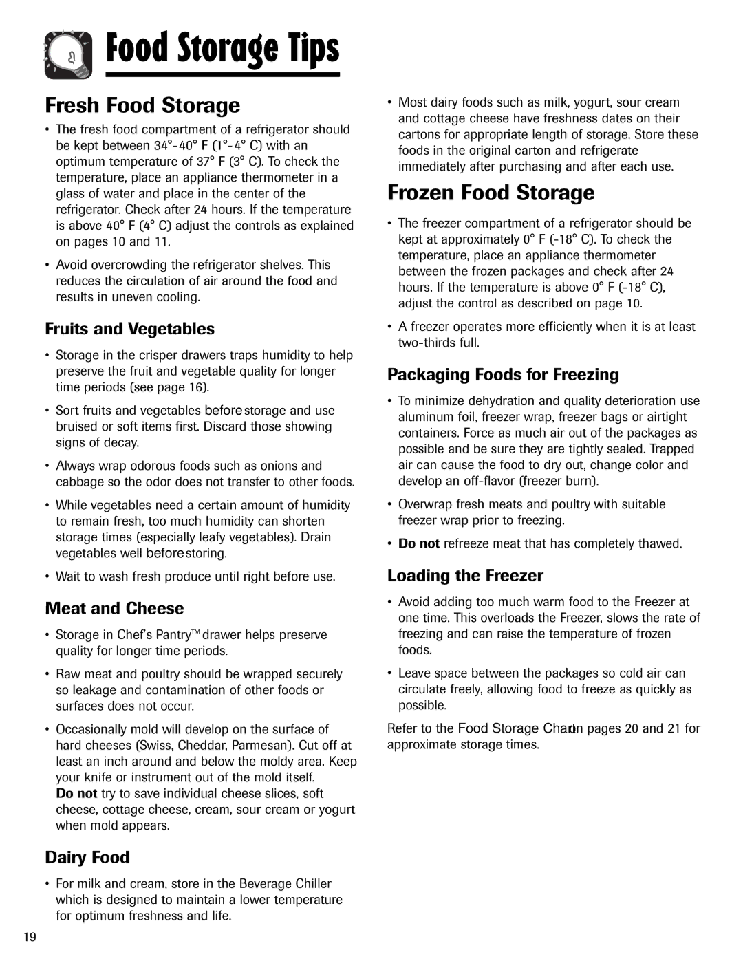 Amana AFI2538AEW important safety instructions Fresh Food Storage, Frozen Food Storage 