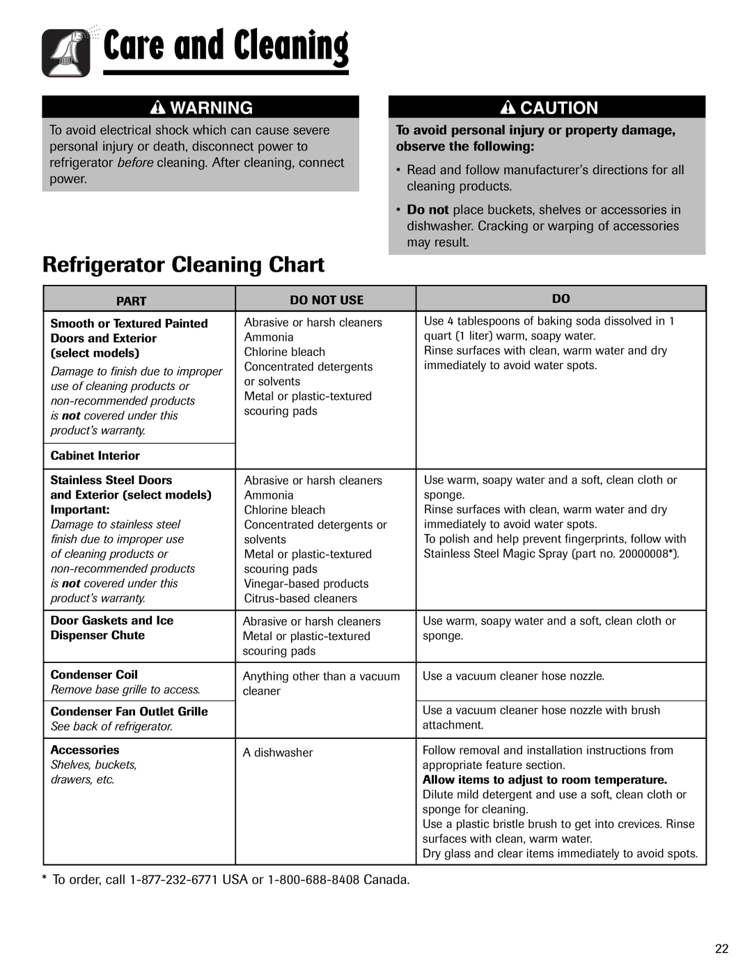 Amana AFI2538AEW important safety instructions Care and Cleaning, Refrigerator Cleaning Chart 