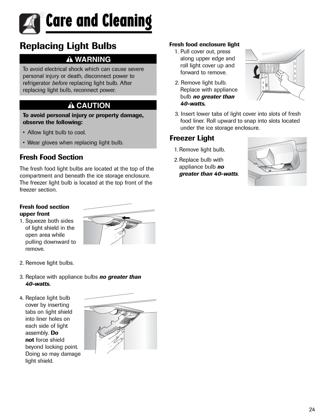 Amana AFI2538AEW important safety instructions Replacing Light Bulbs, Fresh Food Section, Freezer Light 