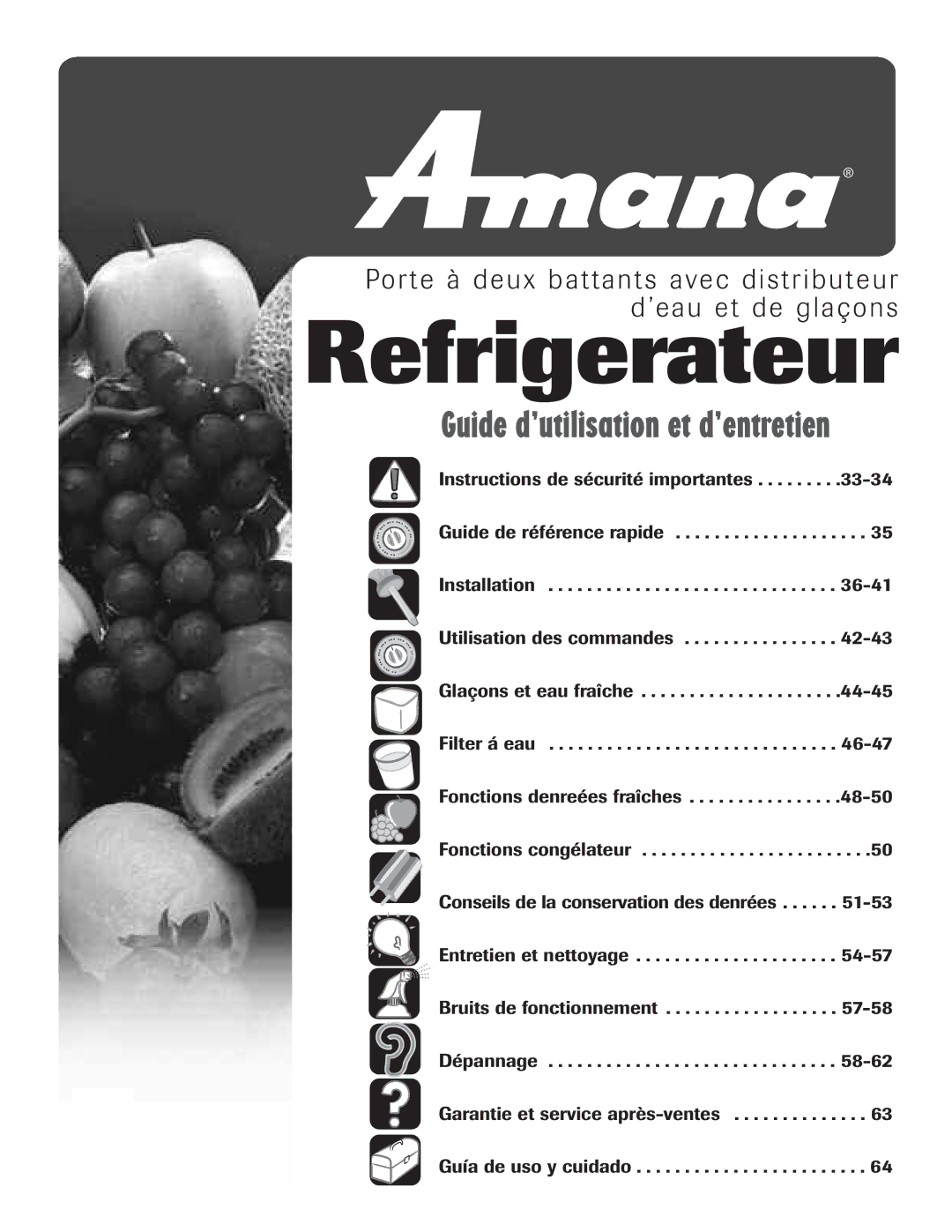 Amana AFI2538AEW important safety instructions Refrigerateur, R t e à d e u x b a t t a n t s a v e c d ’e a u e t 