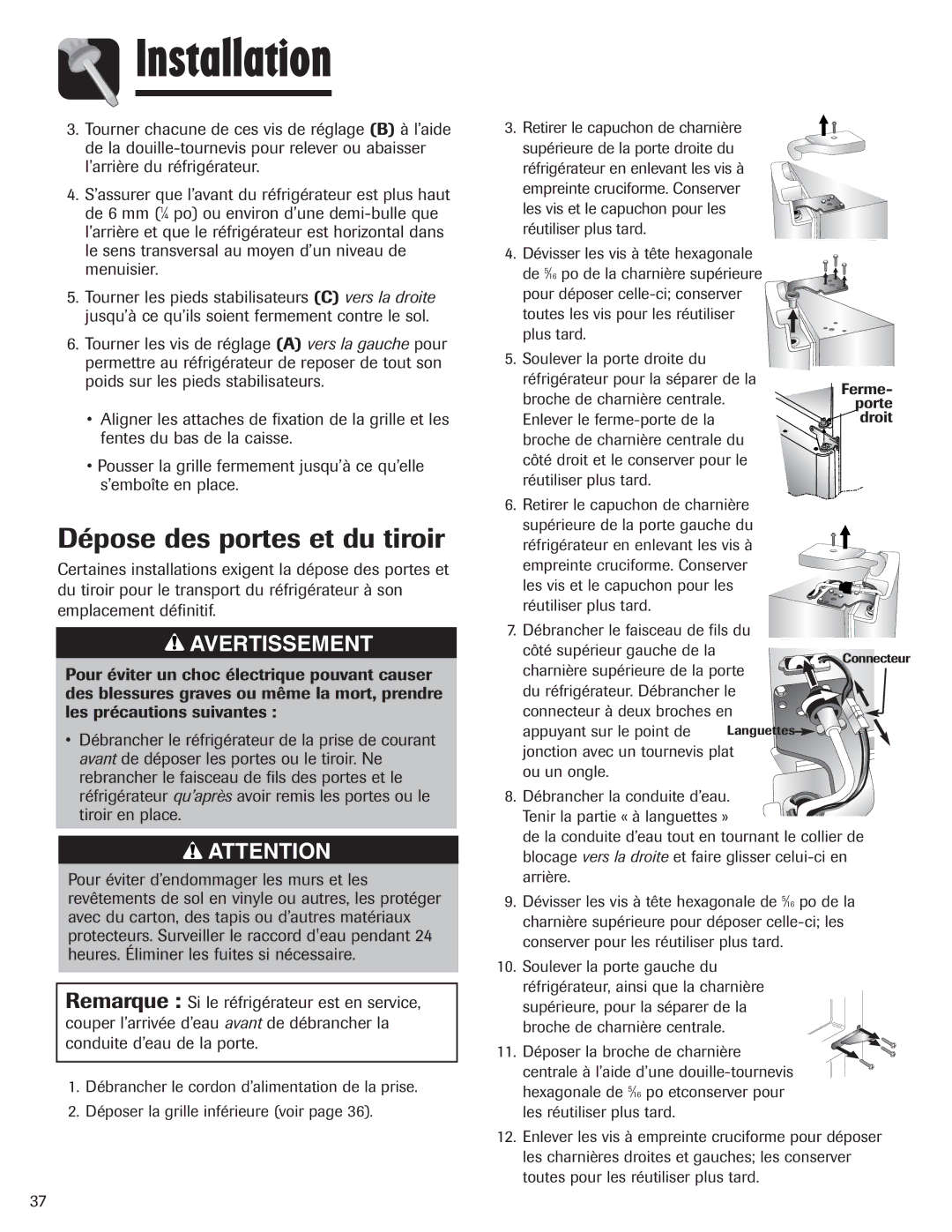 Amana AFI2538AEW important safety instructions Dépose des portes et du tiroir 