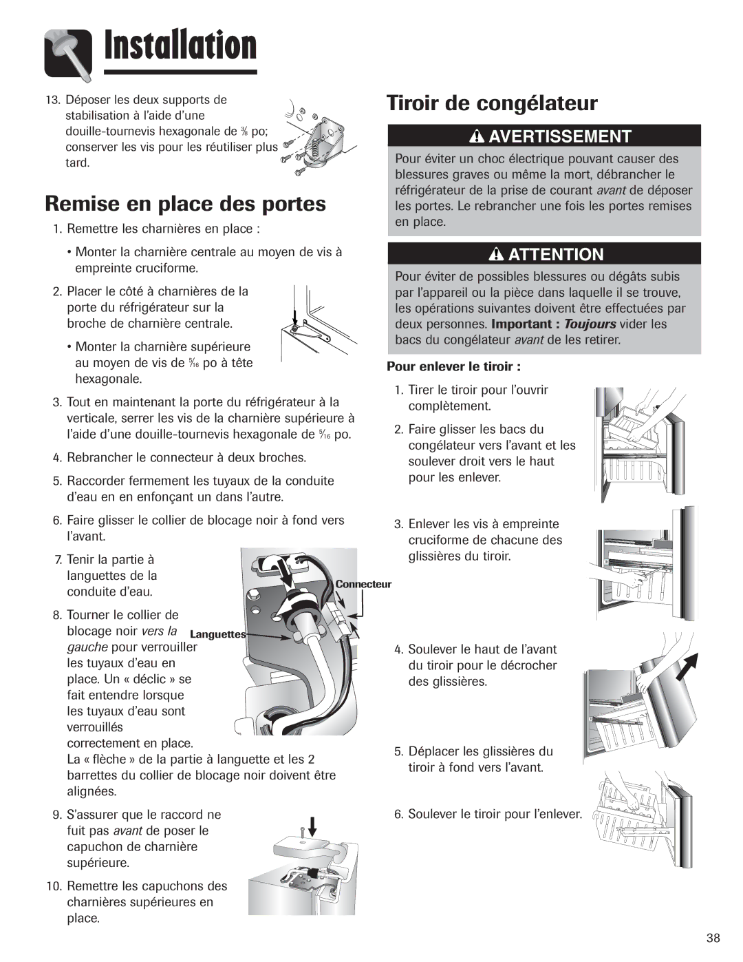 Amana AFI2538AEW important safety instructions Remise en place des portes, Tiroir de congélateur 