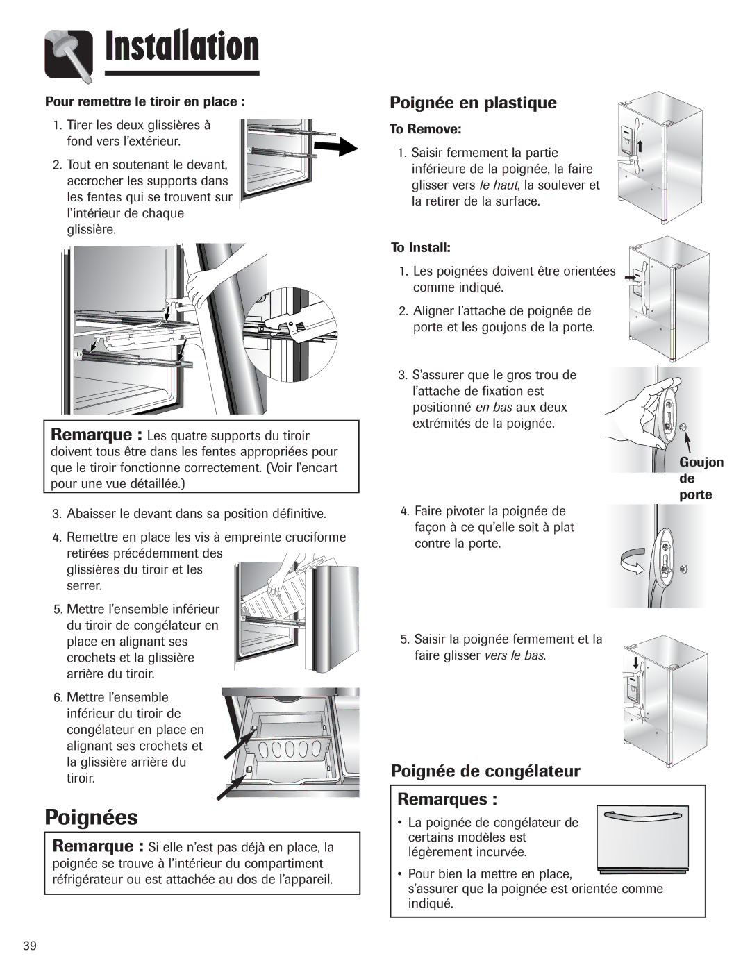 Amana AFI2538AEW important safety instructions Poignées, Poignée en plastique, Poignée de congélateur Remarques 