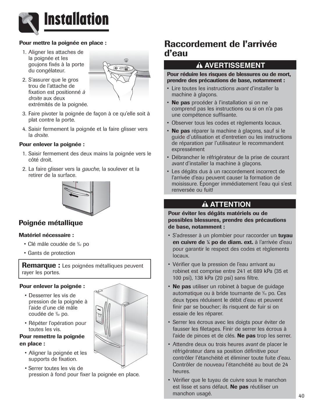 Amana AFI2538AEW important safety instructions Raccordement de l’arrivée d’eau, Poignée métallique 