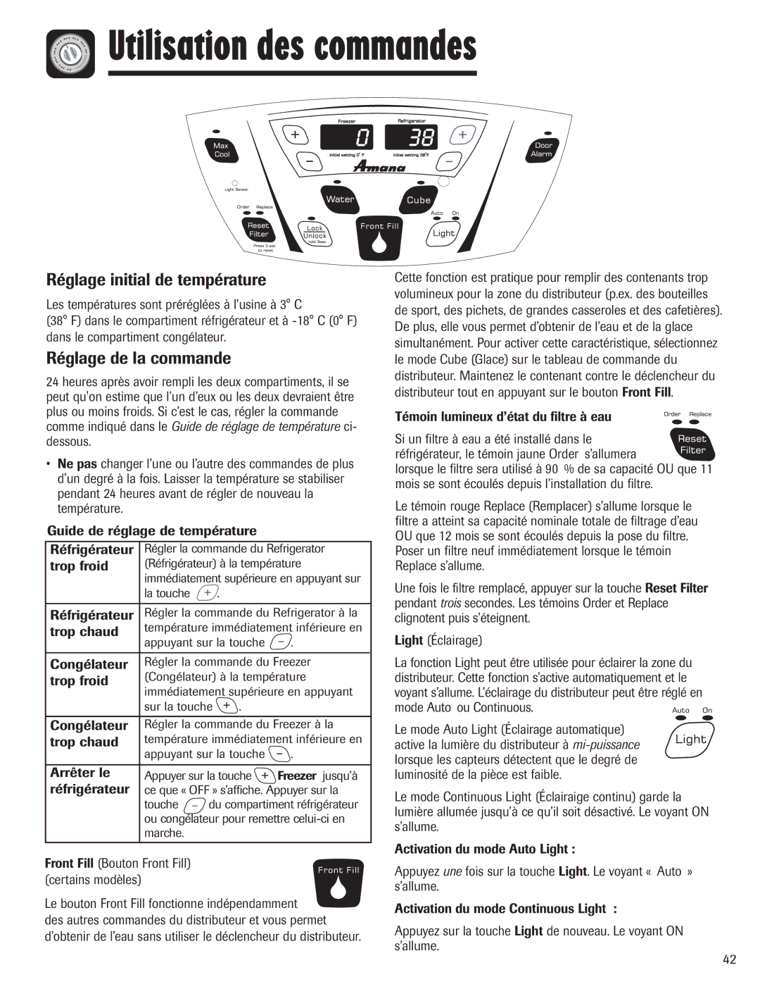 Amana AFI2538AEW Utilisation des commandes, Réglage initial de température, Réglage de la commande 