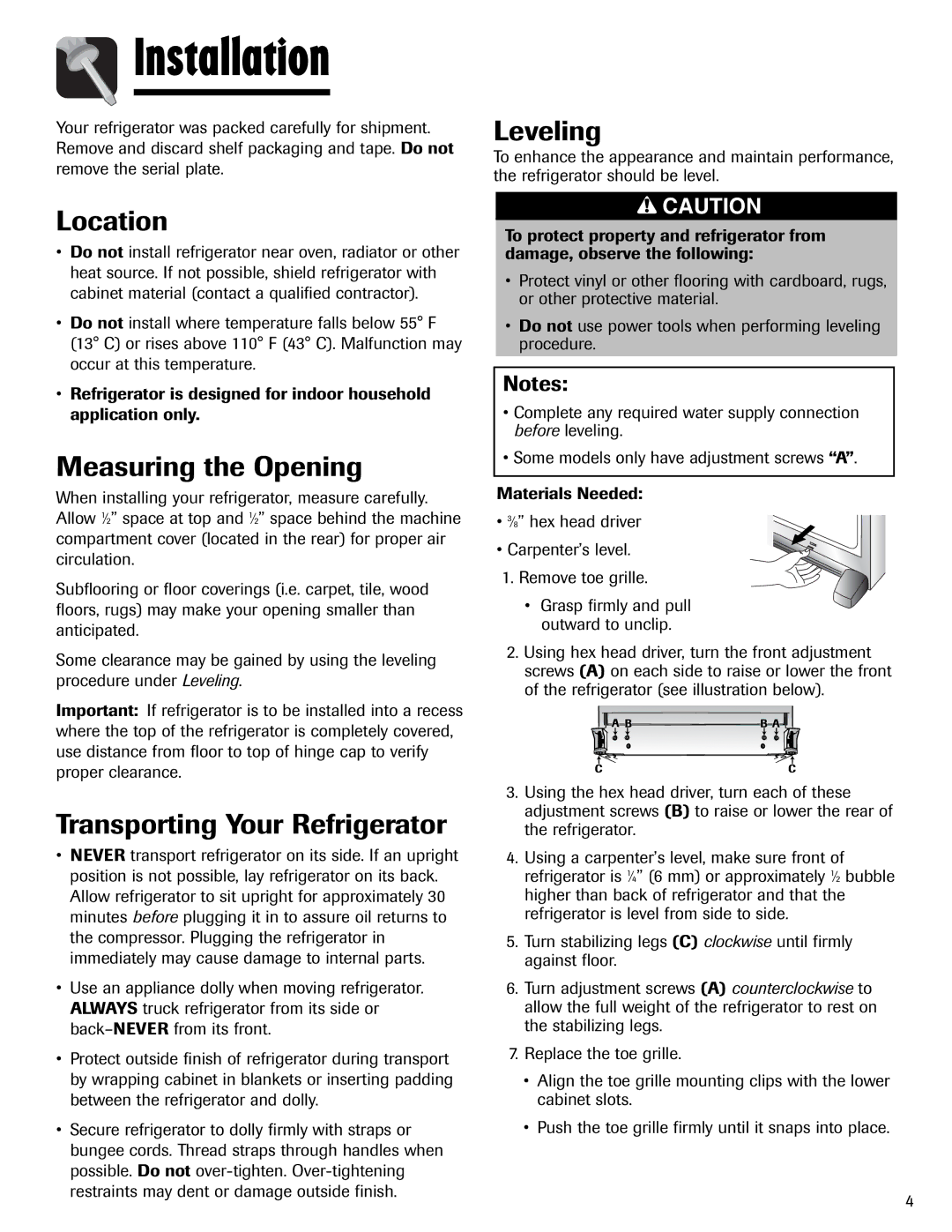 Amana AFI2538AEW Installation, Location, Measuring the Opening, Transporting Your Refrigerator, Leveling 