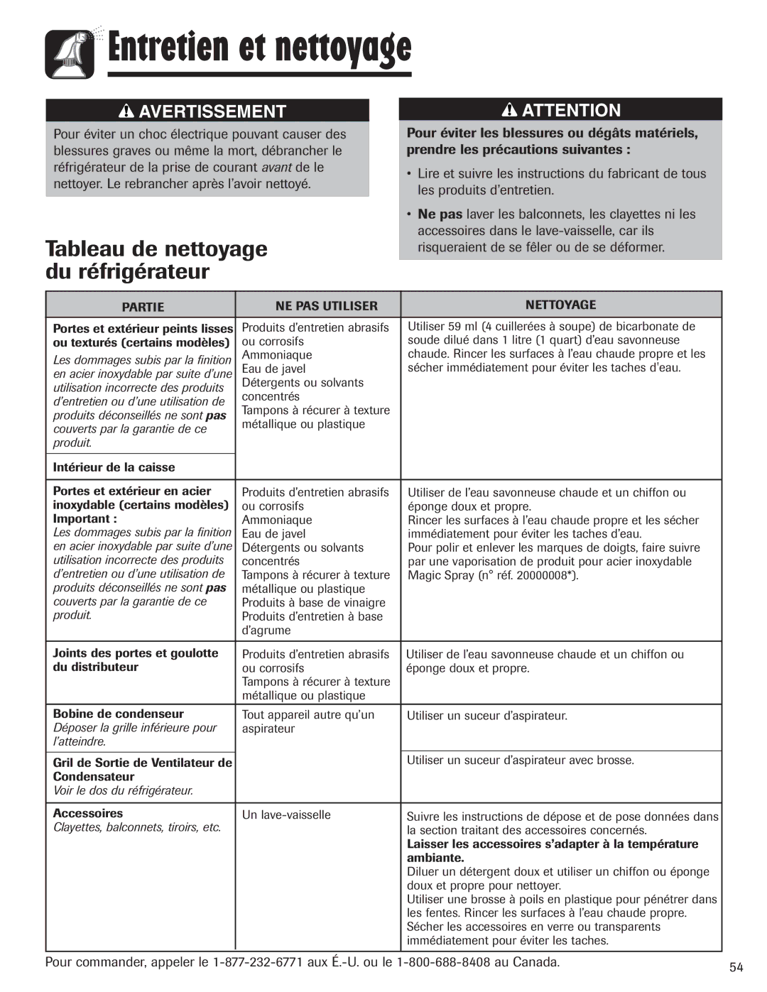 Amana AFI2538AEW important safety instructions Entretien et nettoyage, Tableau de nettoyage du réfrigérateur 