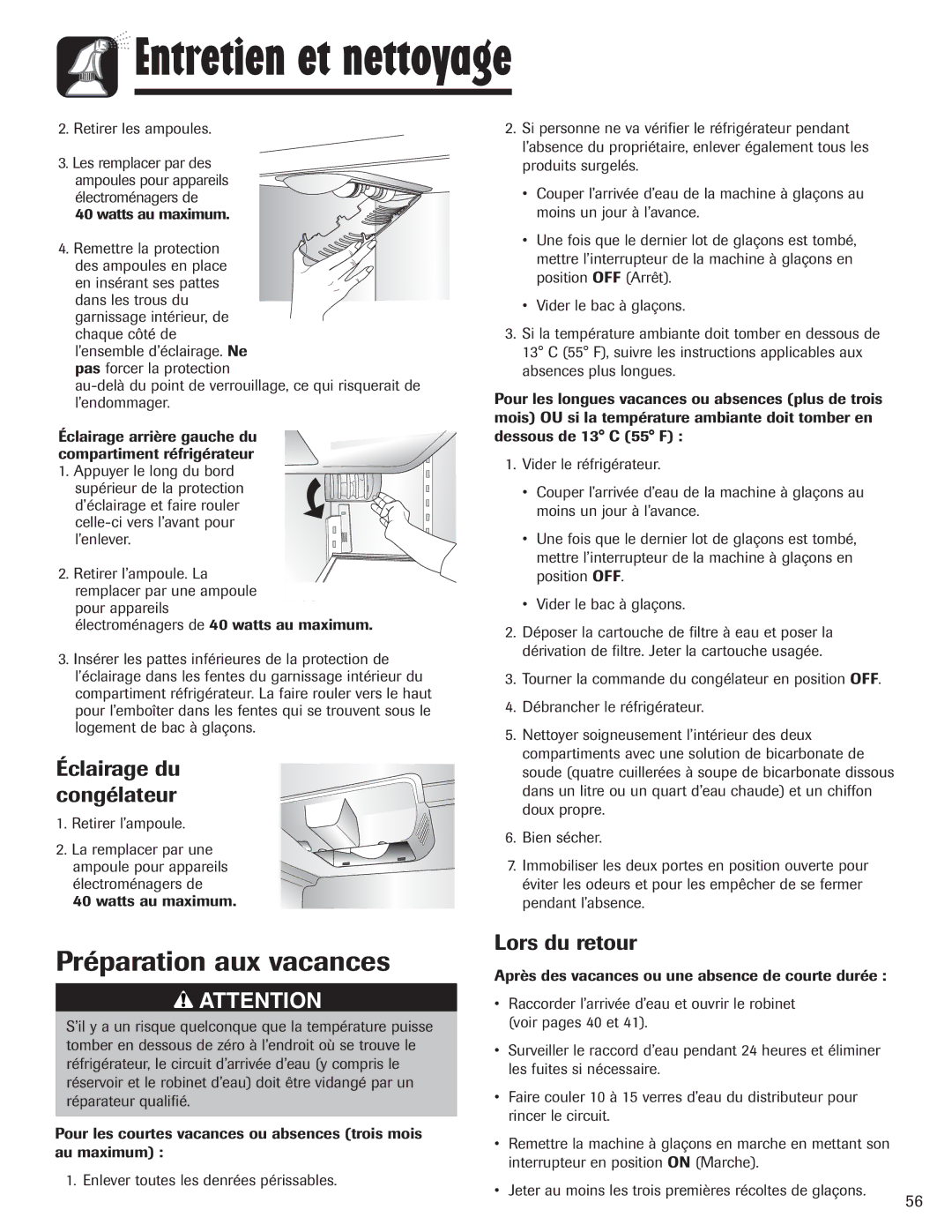 Amana AFI2538AEW important safety instructions Préparation aux vacances, Éclairage du congélateur, Lors du retour 