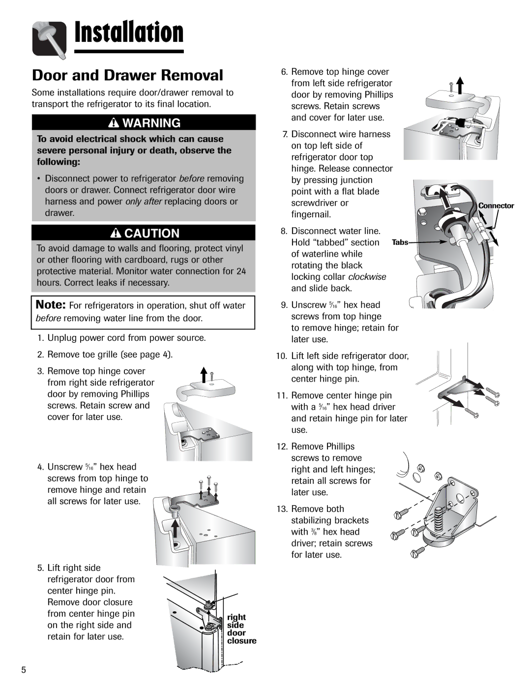 Amana AFI2538AEW important safety instructions Door and Drawer Removal, Retain for later use 