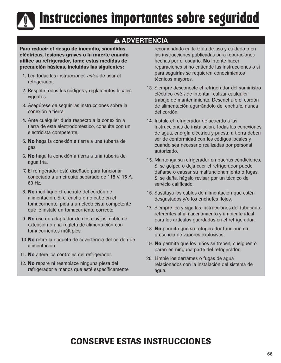 Amana AFI2538AEW important safety instructions Conserve Estas Instrucciones 