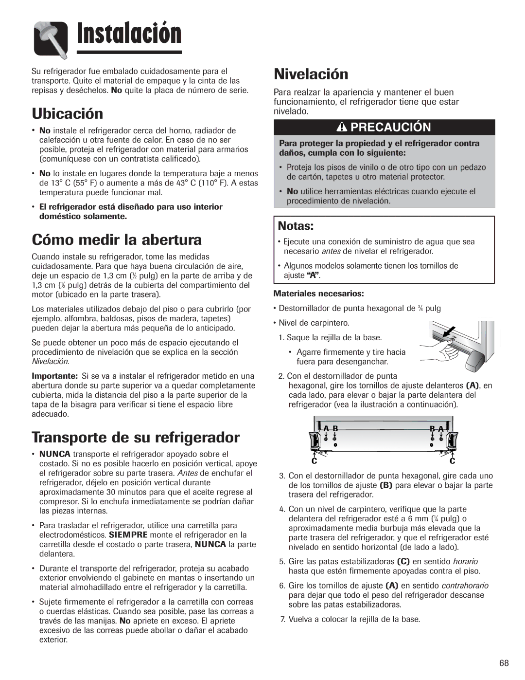 Amana AFI2538AEW Instalación, Ubicación, Cómo medir la abertura, Transporte de su refrigerador, Nivelación 