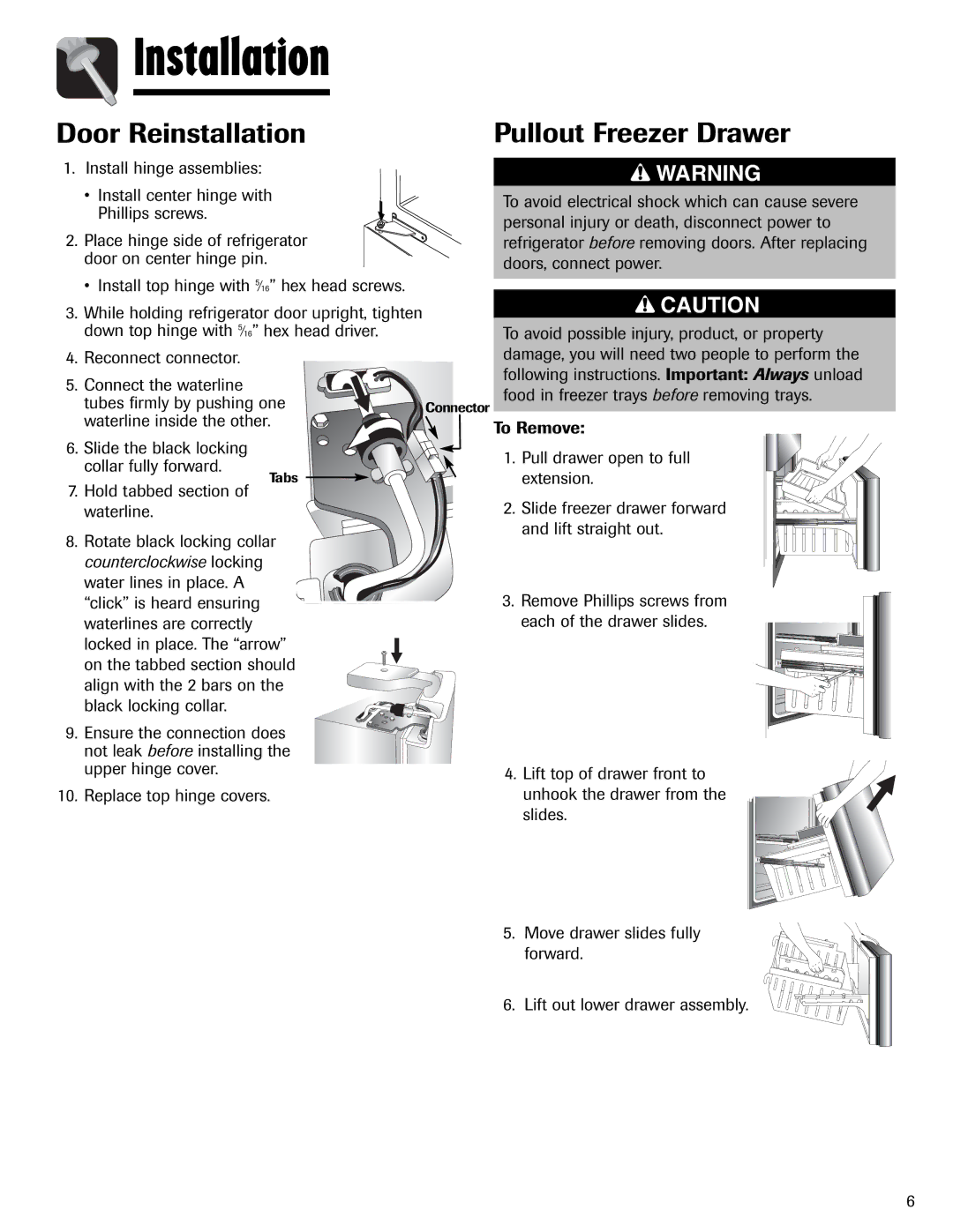 Amana AFI2538AEW important safety instructions Door Reinstallation Pullout Freezer Drawer, Install hinge assemblies 