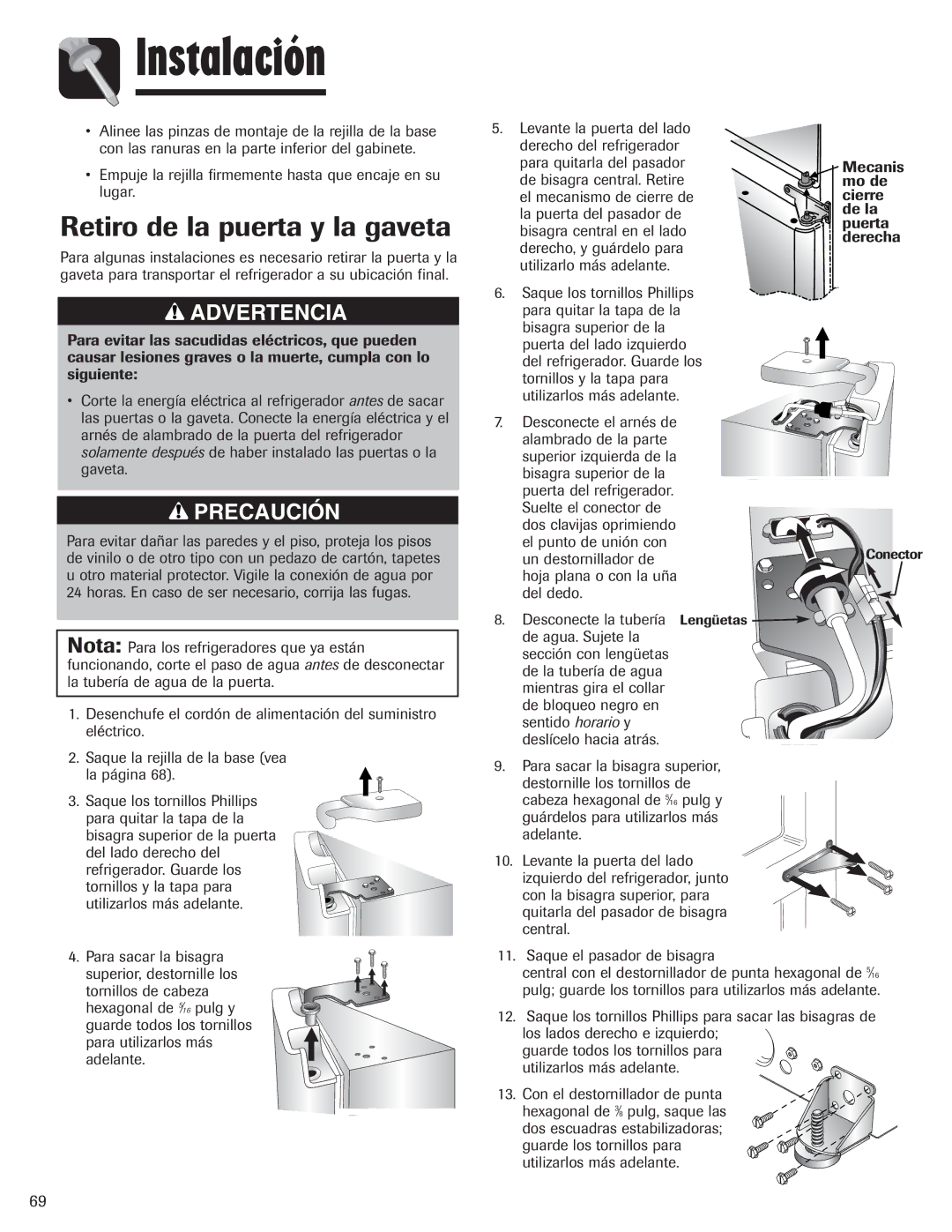 Amana AFI2538AEW important safety instructions Retiro de la puerta y la gaveta 