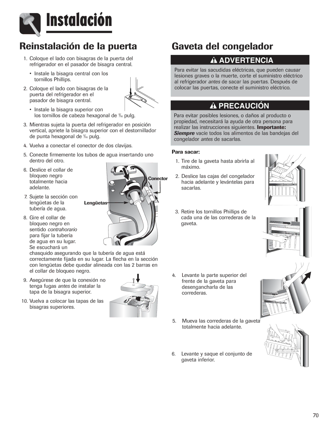 Amana AFI2538AEW important safety instructions Reinstalación de la puerta Gaveta del congelador, Sentido contrahorario 