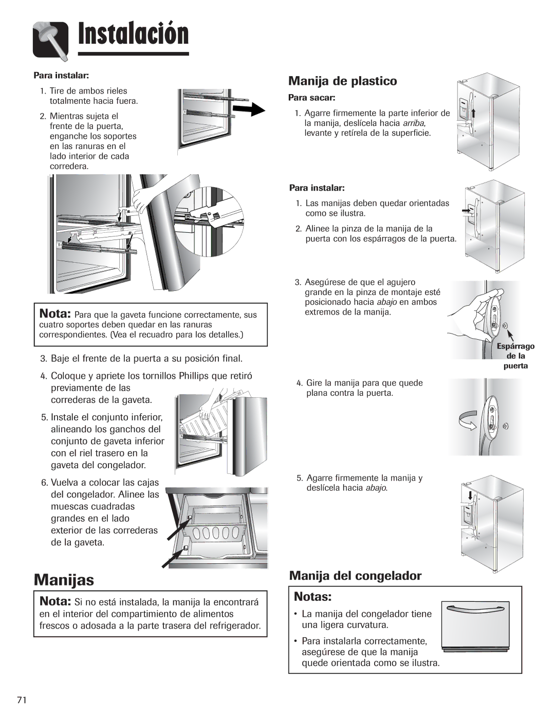 Amana AFI2538AEW important safety instructions Manijas, Manija de plastico, Manija del congelador Notas 