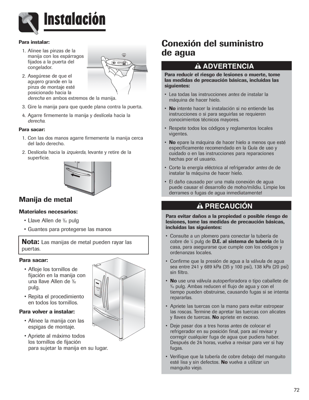 Amana AFI2538AEW important safety instructions Conexión del suministro de agua, Manija de metal 