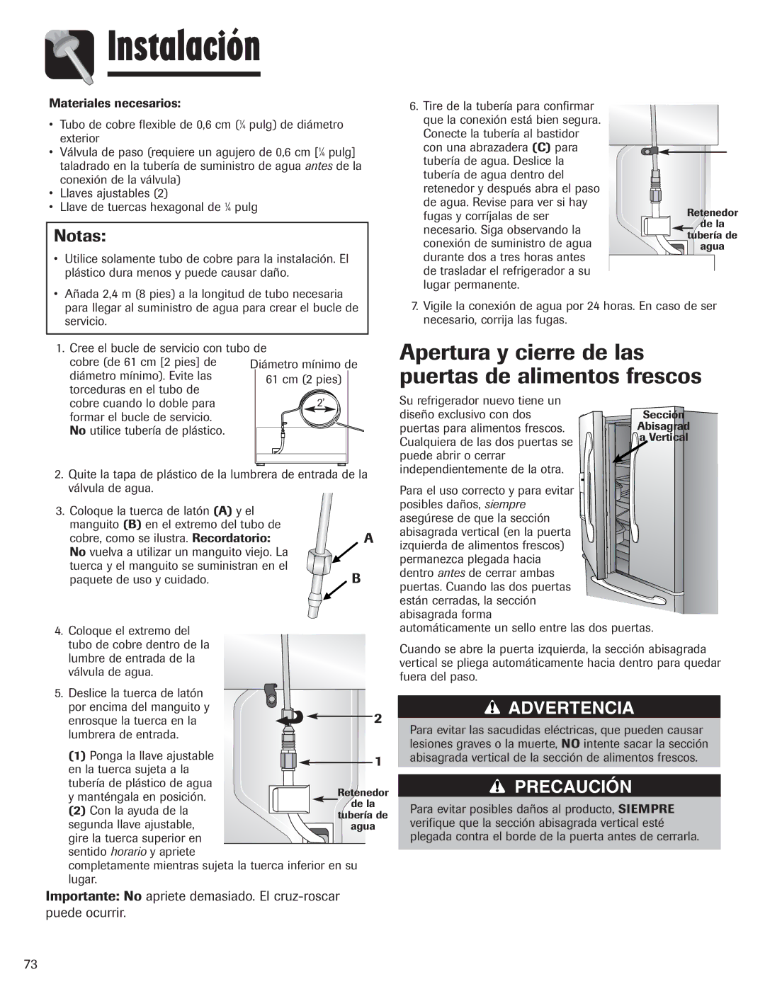 Amana AFI2538AEW important safety instructions Apertura y cierre de las puertas de alimentos frescos 