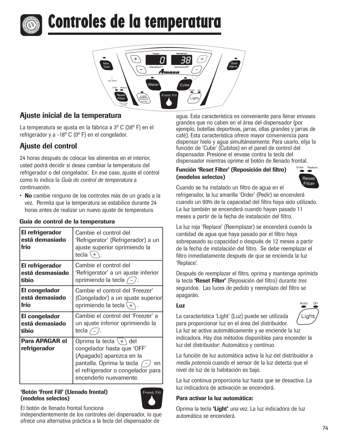 Amana AFI2538AEW Controles de la temperatura, Ajuste inicial de la temperatura, Ajuste del control 