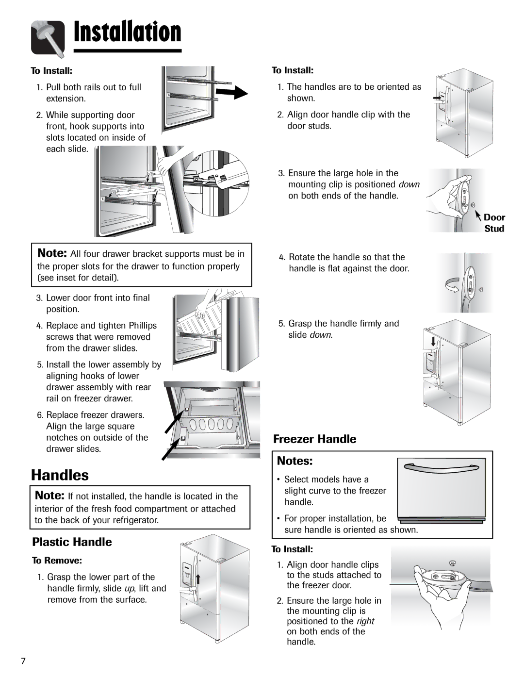 Amana AFI2538AEW important safety instructions Handles, Plastic Handle, Freezer Handle 