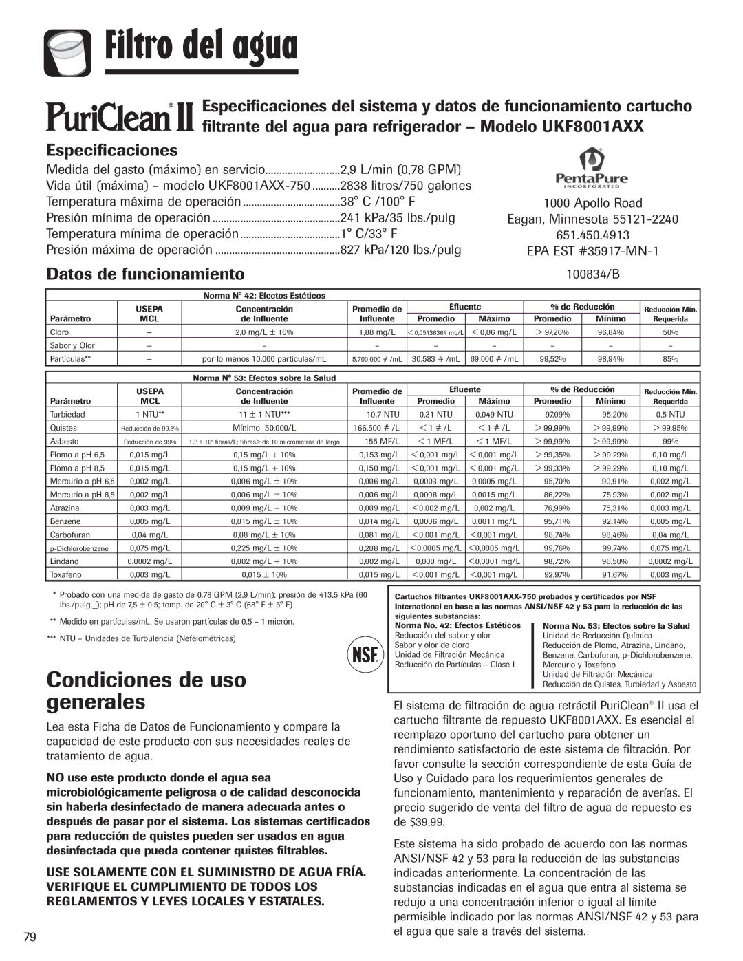 Amana AFI2538AEW Filtro del agua, Condiciones de uso generales, Especificaciones, Datos de funcionamiento 