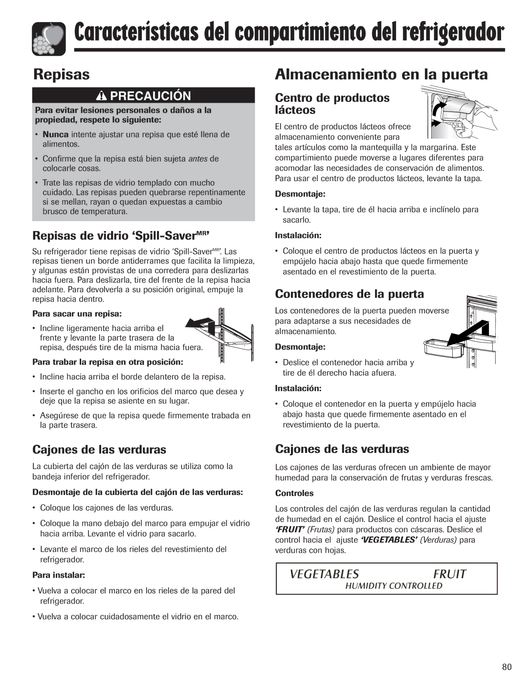 Amana AFI2538AEW important safety instructions Repisas, Almacenamiento en la puerta 