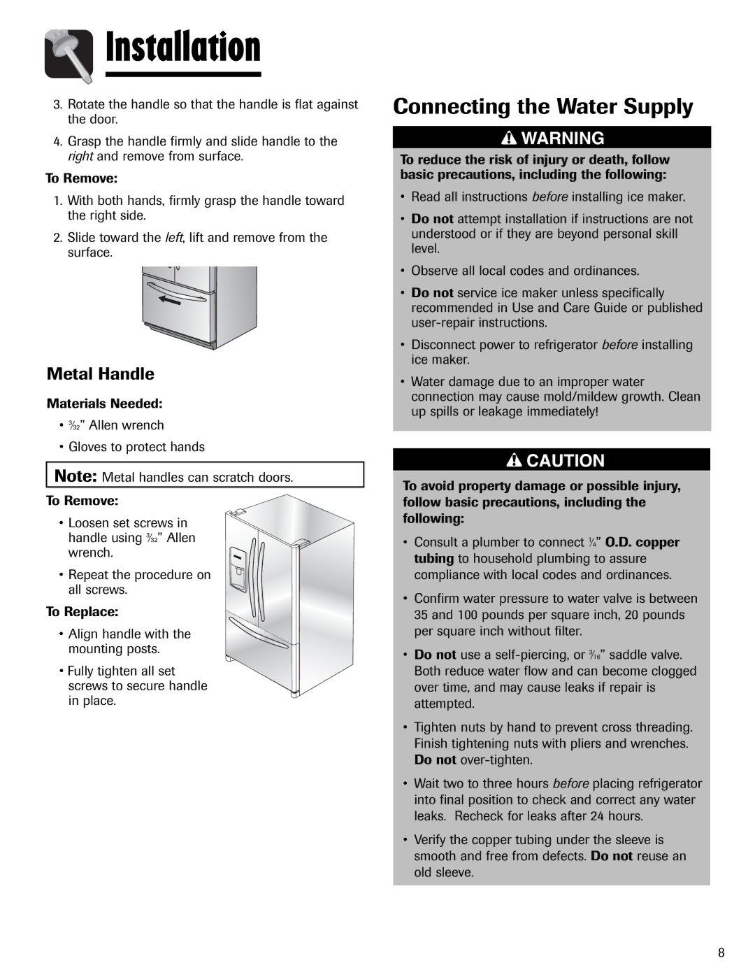 Amana AFI2538AEW important safety instructions Connecting the Water Supply, Metal Handle 