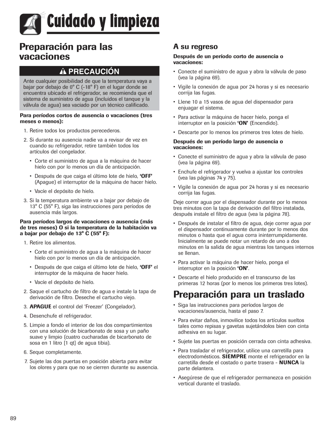 Amana AFI2538AEW important safety instructions Preparación para las vacaciones, Preparación para un traslado, Su regreso 