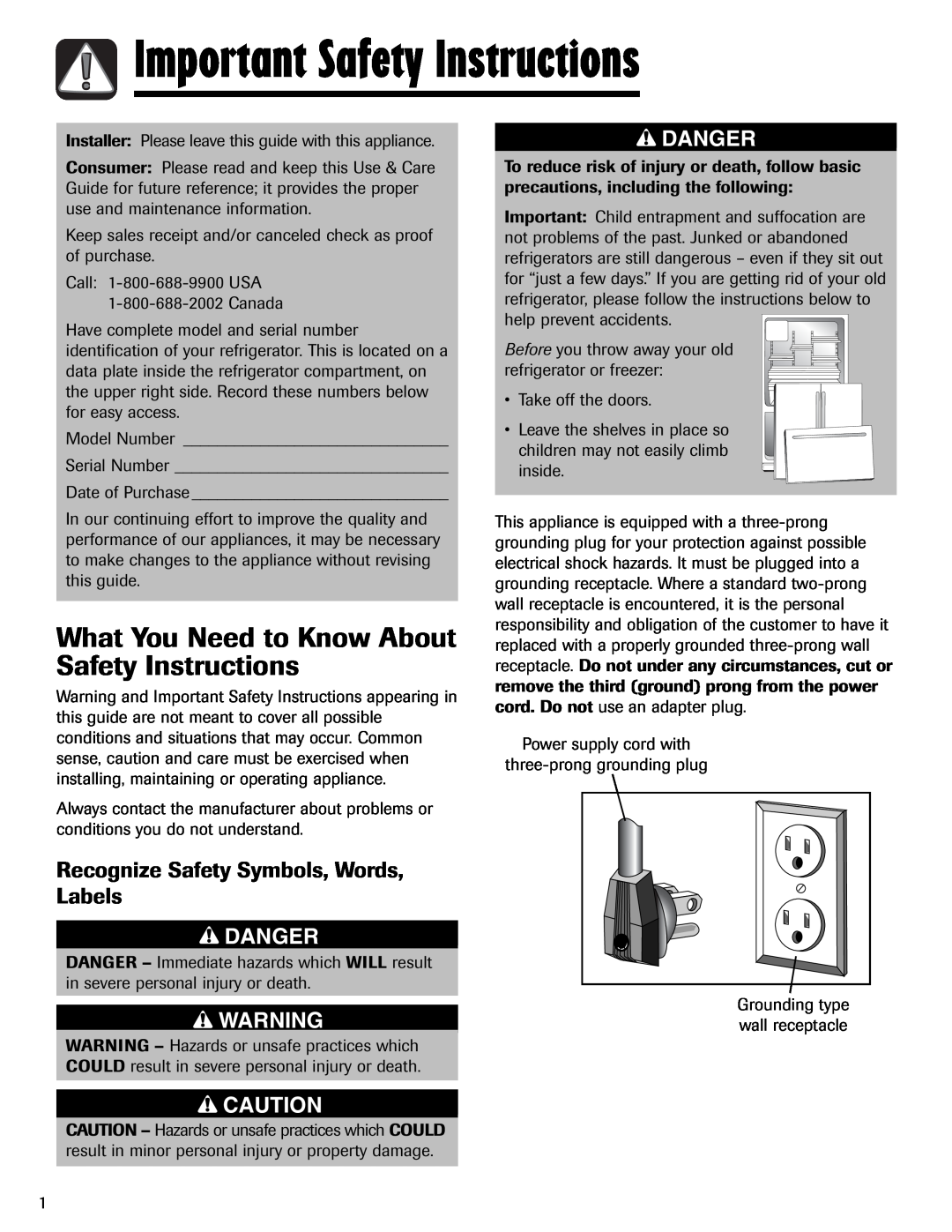 Amana AFI2538AEW Important Safety Instructions, What You Need to Know About Safety Instructions, Danger 