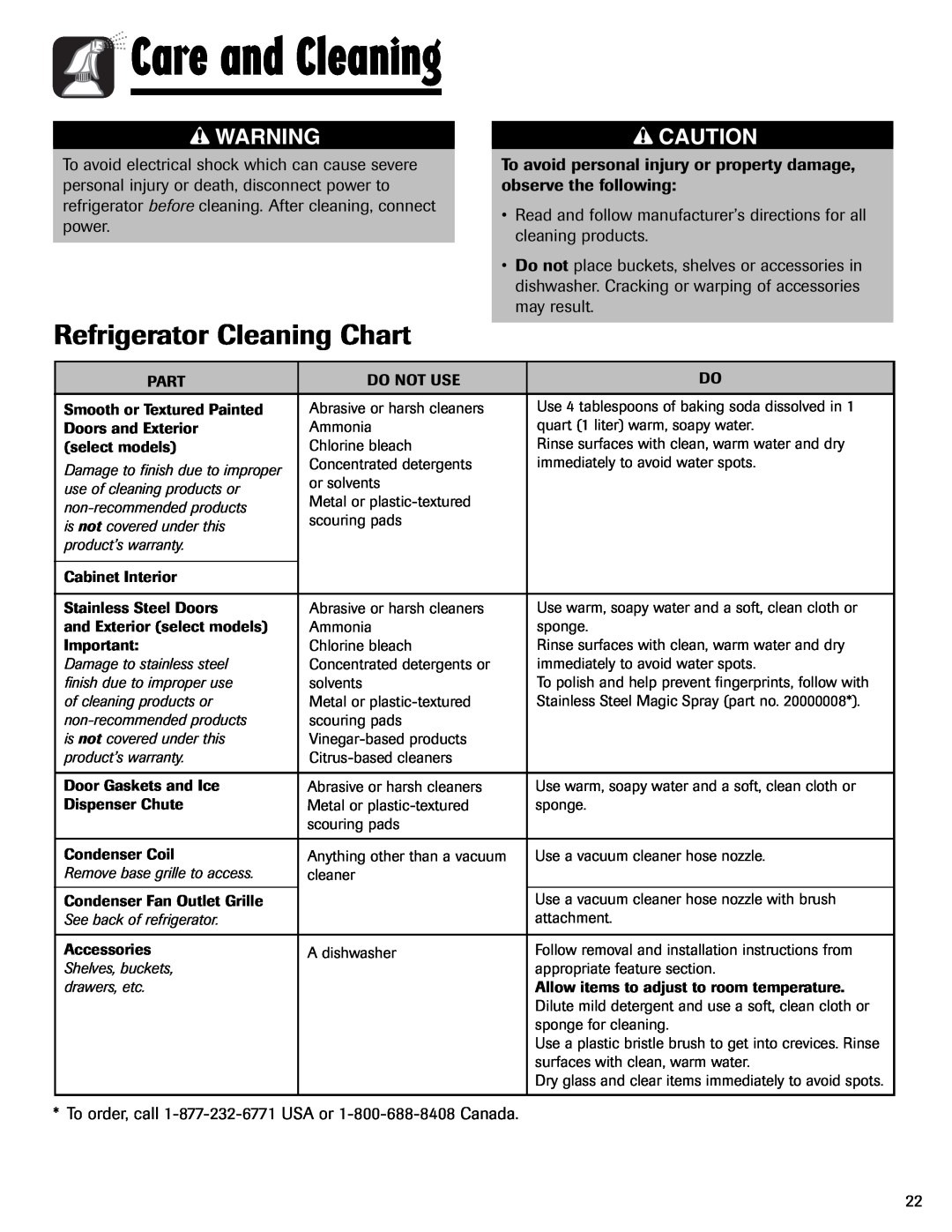 Amana AFI2538AEW important safety instructions Care and Cleaning, Refrigerator Cleaning Chart 