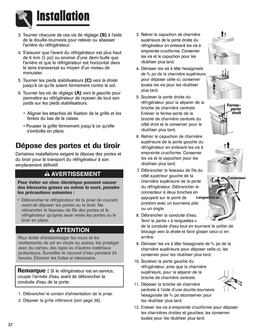 Amana AFI2538AEW important safety instructions Dépose des portes et du tiroir, Installation, Avertissement 