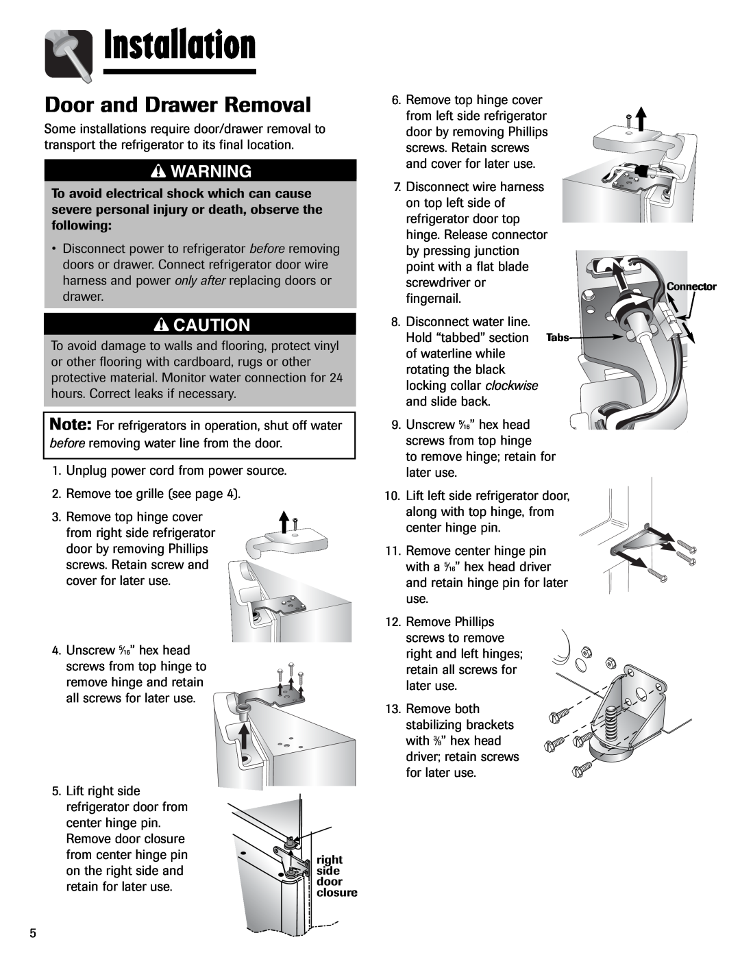 Amana AFI2538AEW important safety instructions Door and Drawer Removal, Installation 