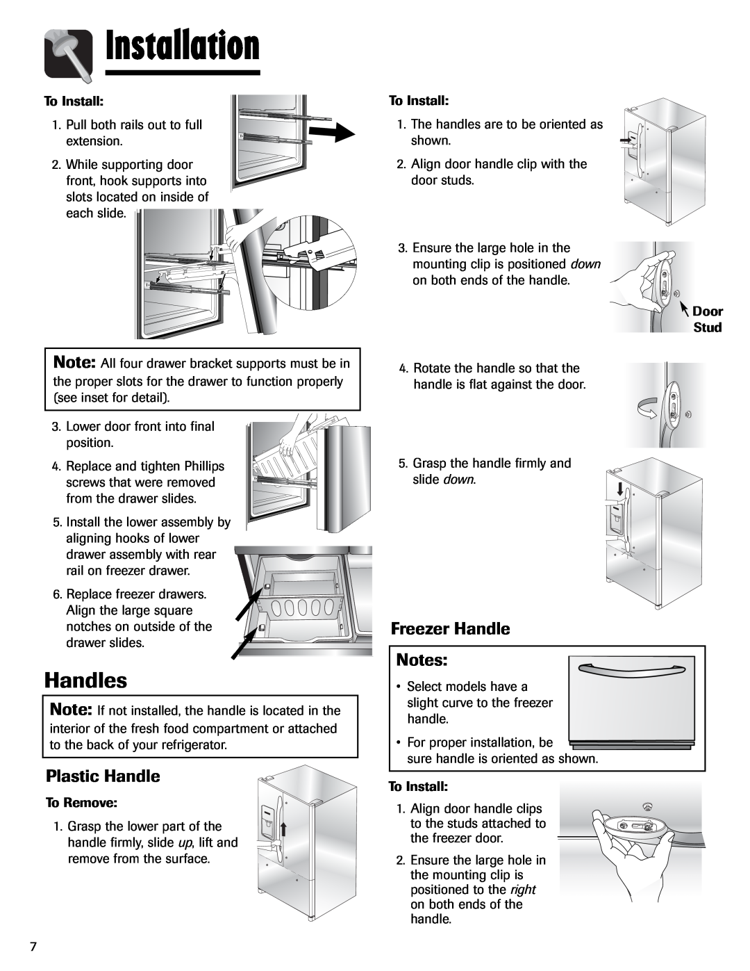 Amana AFI2538AEW important safety instructions Handles, Plastic Handle, Freezer Handle, Installation 