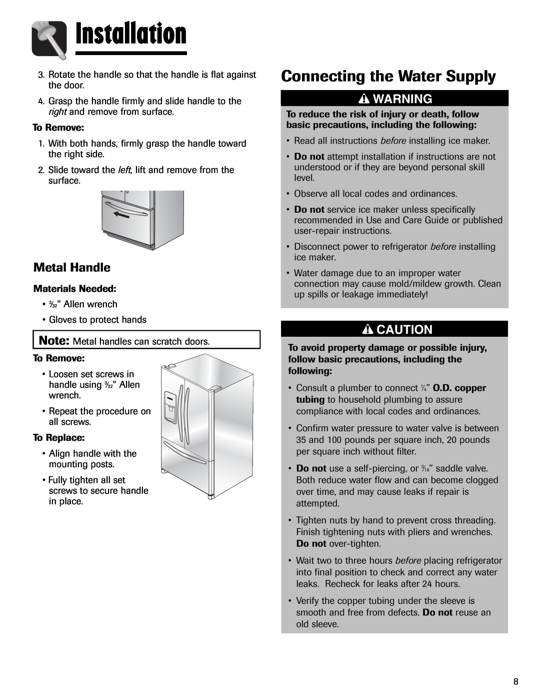 Amana AFI2538AEW important safety instructions Connecting the Water Supply, Metal Handle, Installation 
