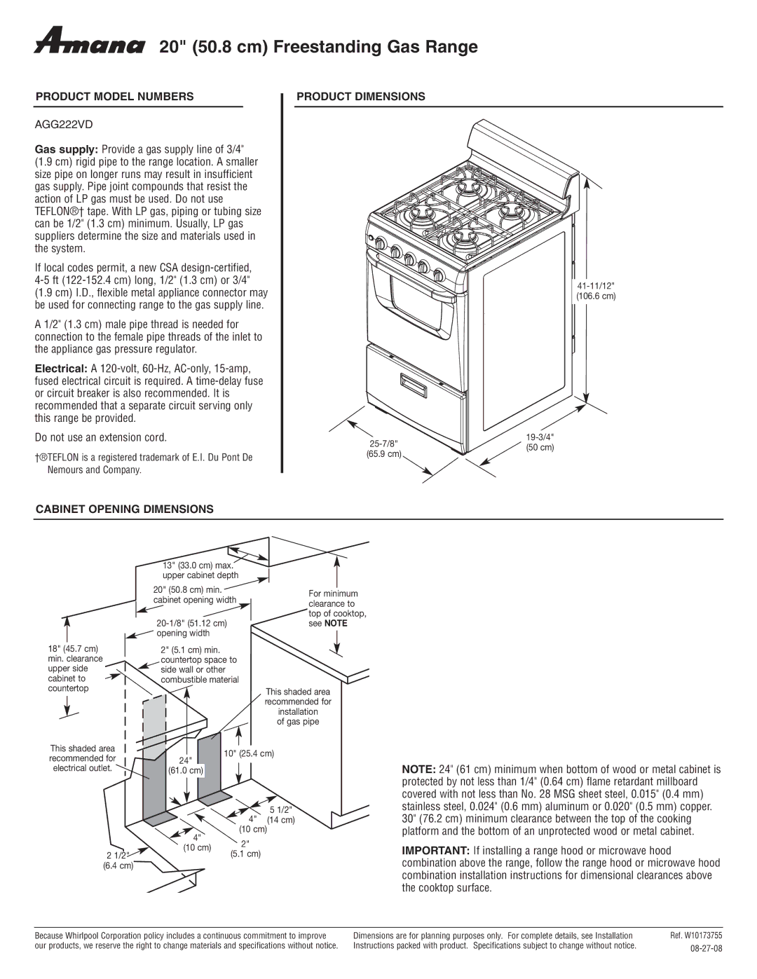 Amana AGG222VD dimensions 20 50.8 cm Freestanding Gas Range, Product Model Numbers, Product Dimensions 