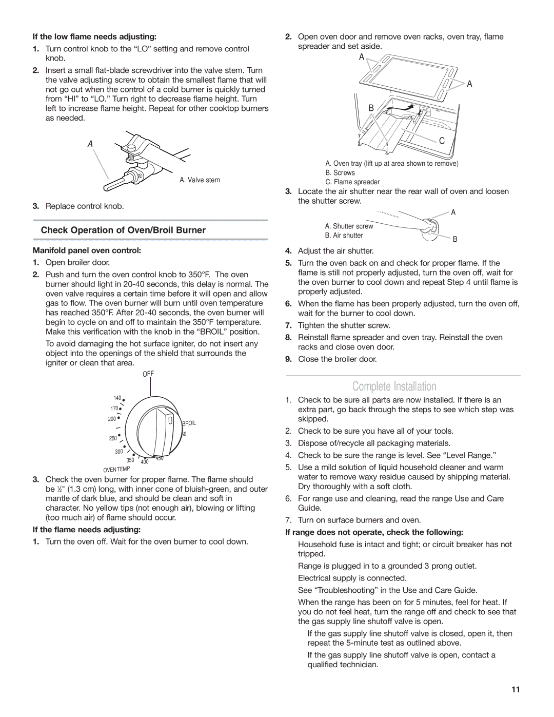 Amana AGG222VDW installation instructions Complete Installation, Check Operation of Oven/Broil Burner 