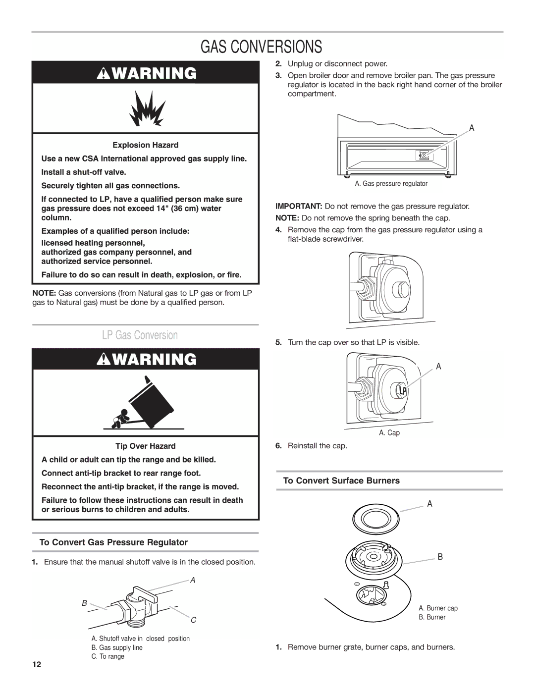 Amana AGG222VDW GAS Conversions, LP Gas Conversion, To Convert Gas Pressure Regulator, To Convert Surface Burners 